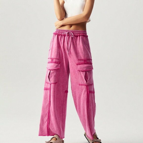 Hot Pink Casual Women's Vacation Knit Pocket Wide Leg Pants - Picture 5 of 7